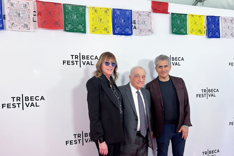 Martin Scorsese, center, with Jane Rosenthal of Tribeca Enterprises, left, and actor Michael Imperioli, at the screening of Scorsese’s Kundun at the Tribeca Festival in New York, June 6, 2025.