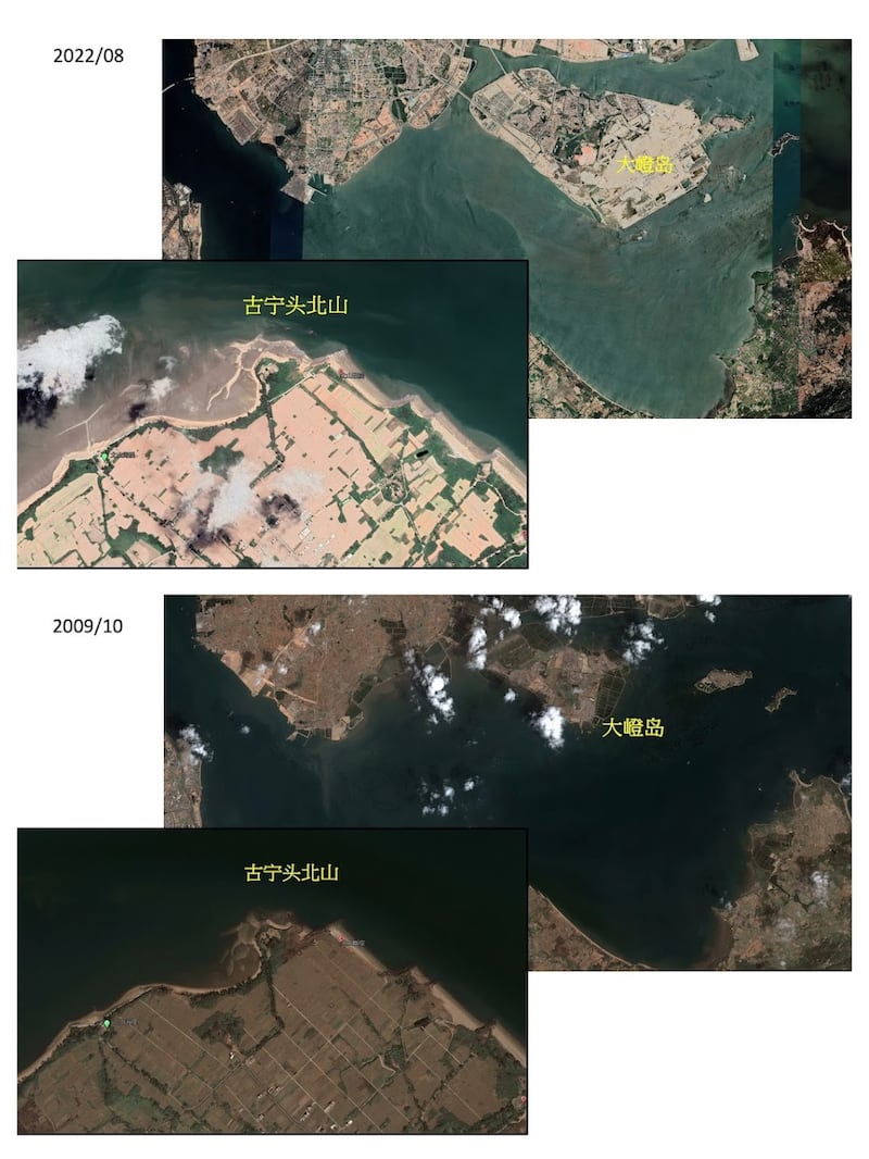 翔安机场工程在大嶝岛大规模填海造地后(上图),相较工程初期(下图),金门古宁头的泥沙淤积日益明显。