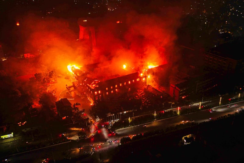 The residence of Nepal President Ram Chandra Poudel after it was set on fire by protesters during a protest against social media ban and corruption in Kathmandu, Nepal, Sept. 9, 2025.