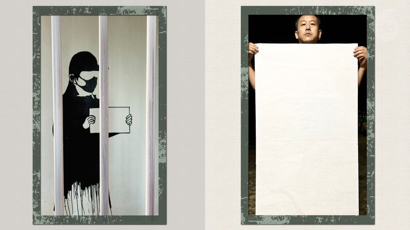 中国艺术家杜应红(右)用一张大白纸声援"白纸运动"，他并且画出因举白纸静默抗议而被警察带走的南京女学生李康梦(左)。(杜应红提供)