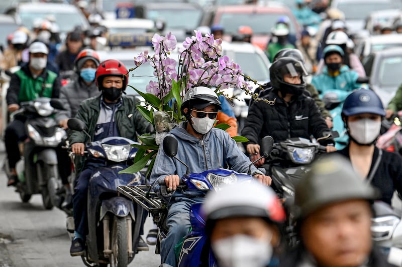 A man transports orchids on his motorcycle in Hanoi, Feb. 5, 2024.