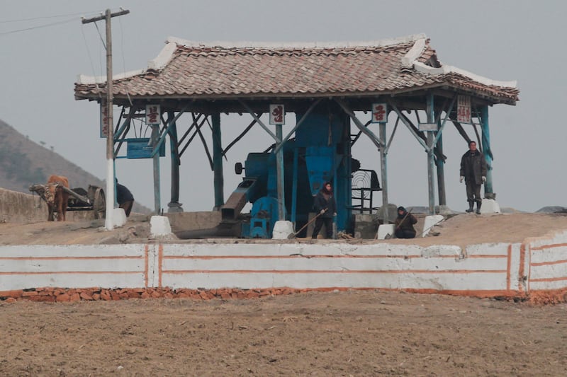 2012년 4월, 북한 주민들이 평양 외곽 들판 옆에서 농기계 근처에서 일하고 있다.